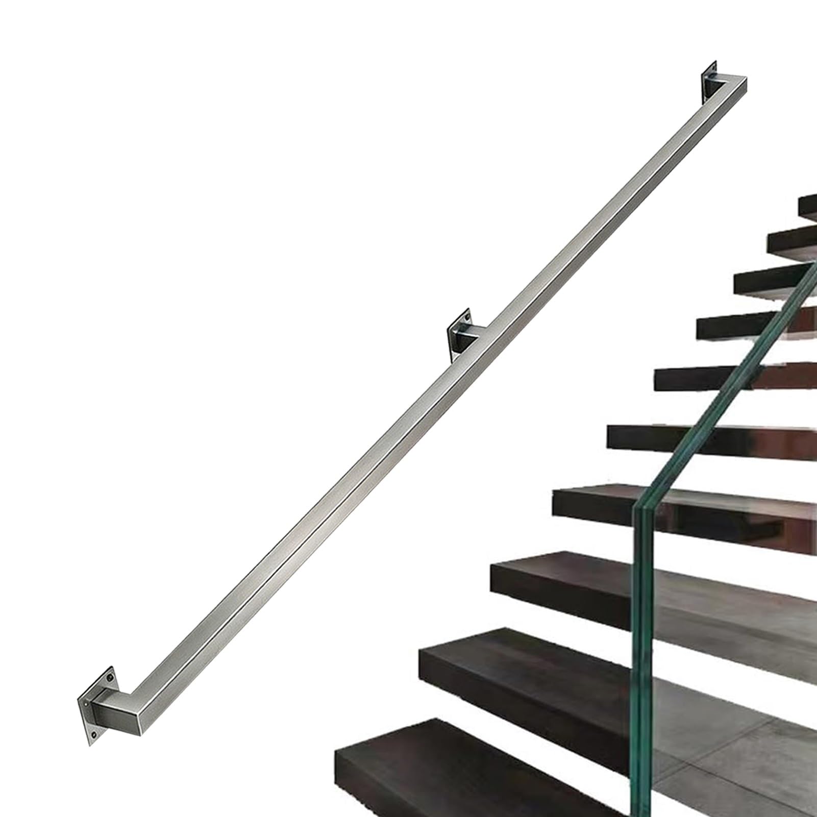 Hamankim One Color Industrial Stairs Handrail Kit, 1Ft-20Ft Square Pipe Non-Slip Grab Bar With Brackets, Silver Brushed Stainless Steel Wall Mounted Hand Rail For Indoor/Outdoor Loft Villa(2.6Ft/0.8M)