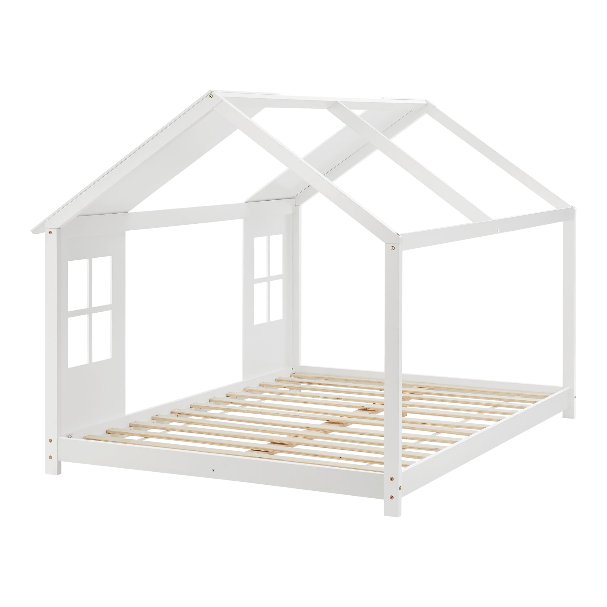 [en.casa] Cama Infantil Tostedt para Niños y Niñas en Forma de Casa con Ventanas y Techo Cama con Somier máx. 200 kg Montessori 120 x 200 cm Madera de Pino - Blanco