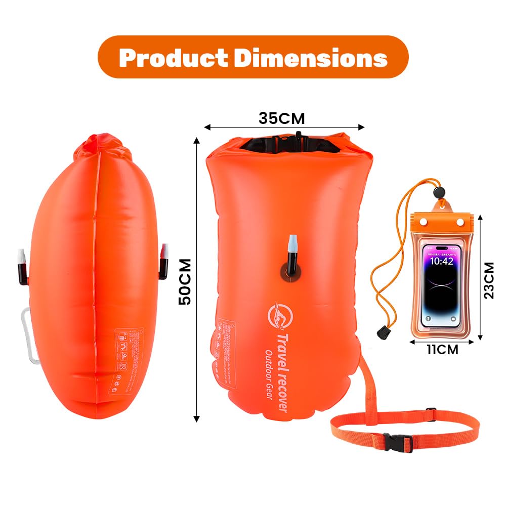 20L Boa nuoto acque libere, Boa nuoto con borsa impermeabile | Boe gonfiabili adatte per acque libere e triathlon, Custodia impermeabile per telefono inclusa, Arancione