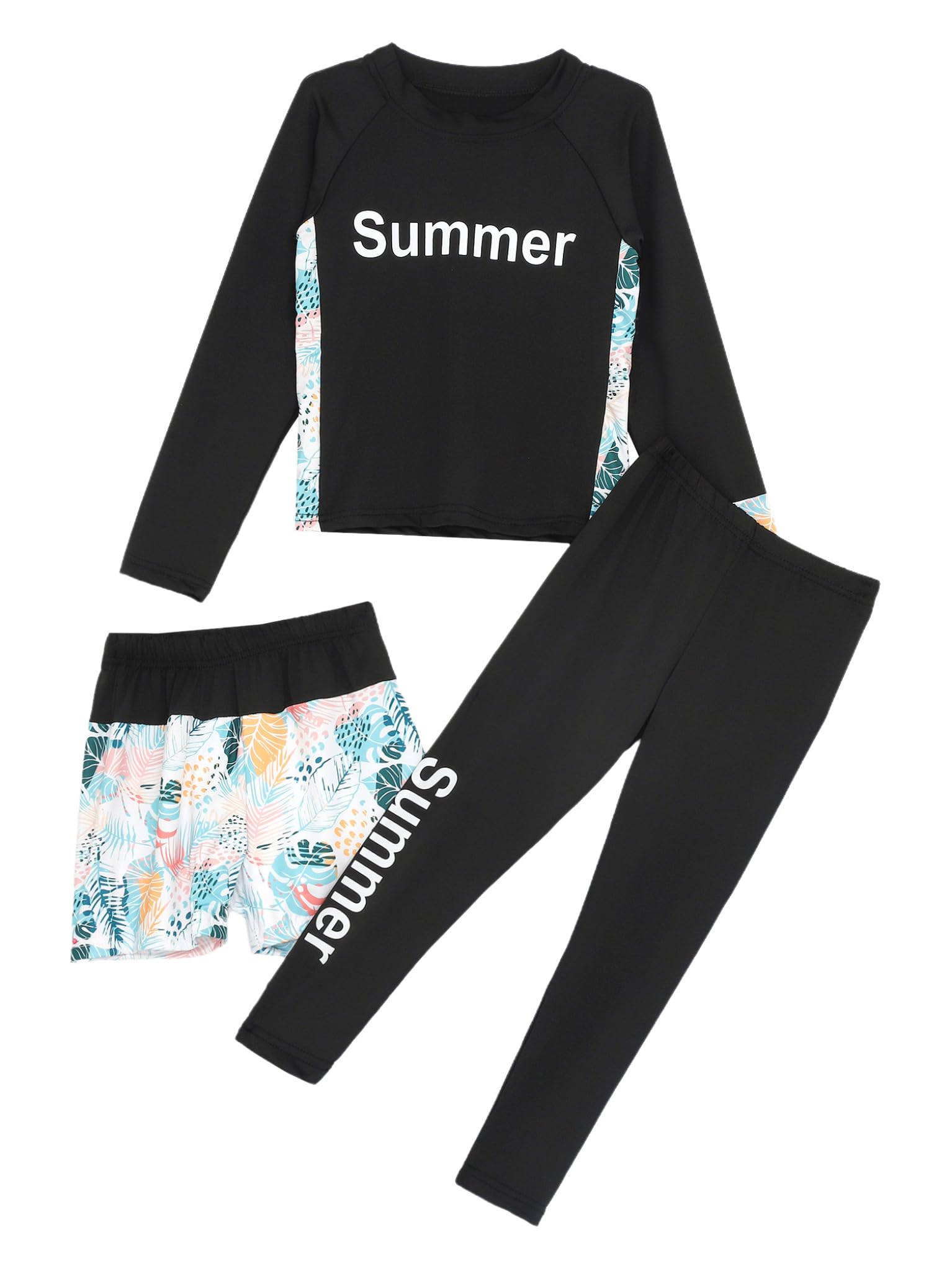TTAO Kids Girls Long Sleeve Rash Guard Shirt with Shorts and Pants Set Swimsuit for Beach Swimming Black White 7-8 Years