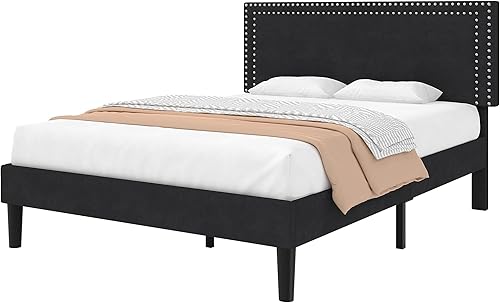 Miniatura 7 de VECELO Base de cama de tamaño matrimonial con cabecera tapizada ajustable, plataforma de listones de madera, diseño sin ruido, fácil montaje
