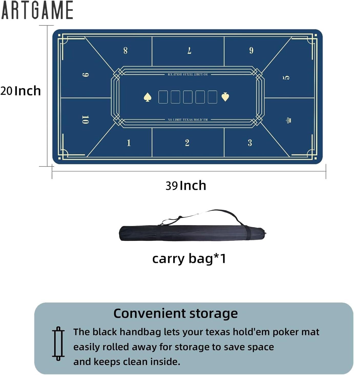 Tapis de poker - Tapis de poker professionnel portable, tapis de poker Texas Hold'em, tapis de table professionnel avec sac de transport, housse de table de jeu en caoutchouc for fêtes(Blu,S)