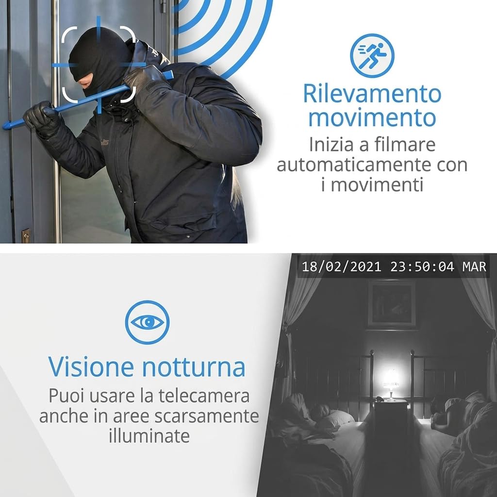 KUUS. C1 Mini Telecamera Spia Nascosta Più Piccola Europa 2,3cm Senza WiFi Full HD 1080P, Visione Notturna, Rilevamento Movimento, SD 32 GB Class 10 U3 Inclusa