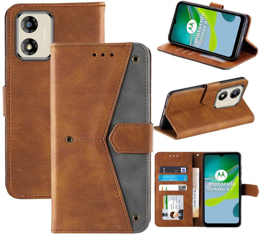 Image of Flip Cover Compatible for Motorola E13 | Moto E13 Back Cover Soft Silicon TPU Flip Cover Executive Executive Brown, Magnetic Closure