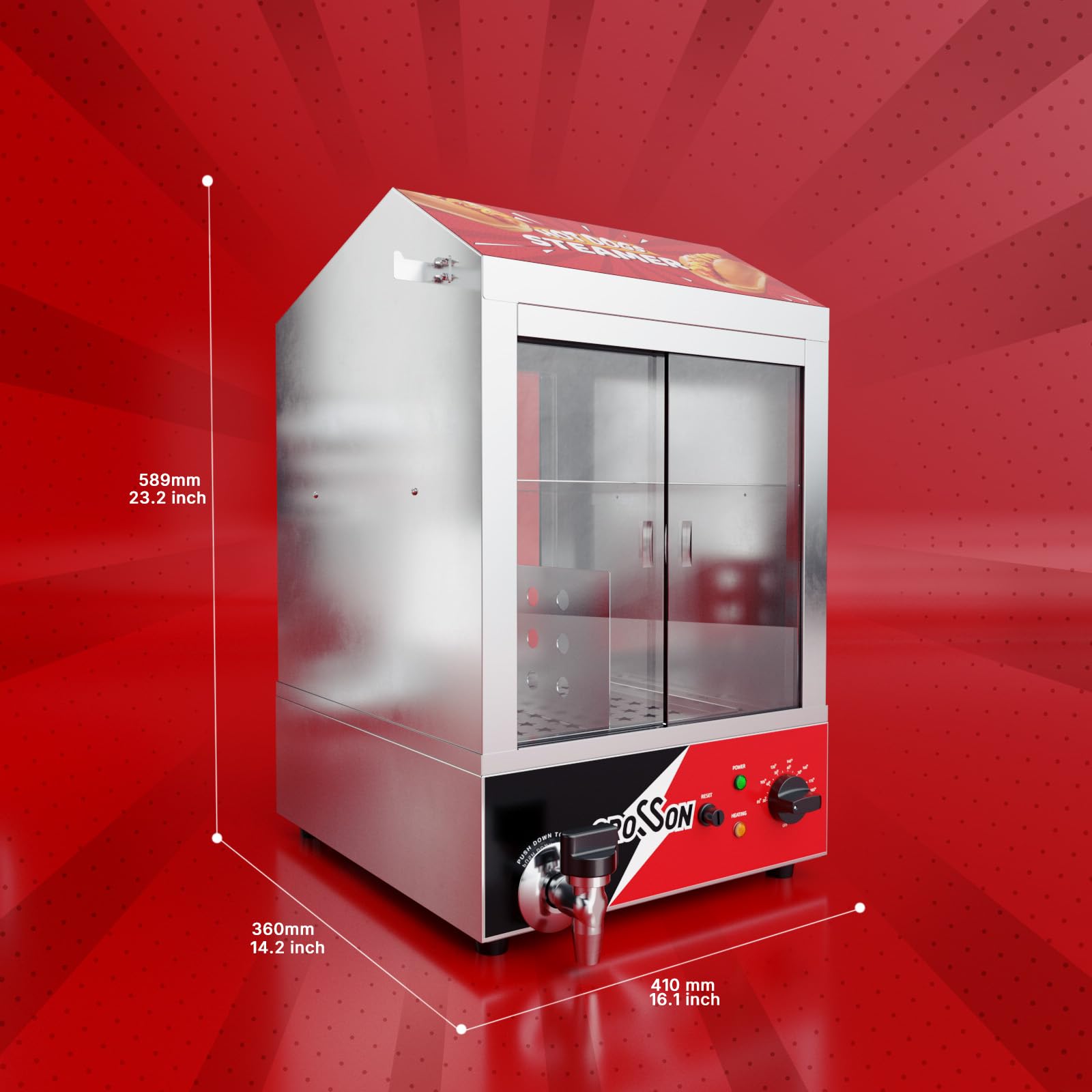 CROSSON Macchine per Hot Dog a Vapore 42L,Macchina Hot Dog Professionale a 2 Piani,Capacità 175 Salsicce e 50 Panini, con Porte Scorrevoli in Vetro