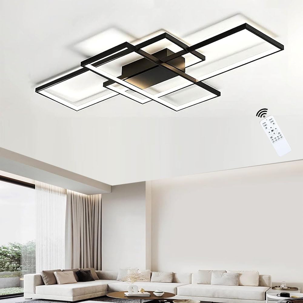 LIUYU Plafón LED para Salón 140x80cm, 90W 8600LM Regulable, Luz Cálida a Fría con Mando, Lámpara de Techo Moderna en Color Negro