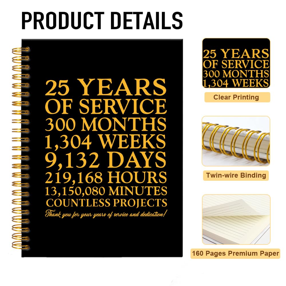 Mhfpl Spiralnotizbuch mit Aufschrift "25 Years of Service", 25-jähriges Dankeschön, Geschenk für Mitarbeiterdienst, Anerkennung, Dankeschön, 25 Jahre Arbeit, Geschenke für Kollegen