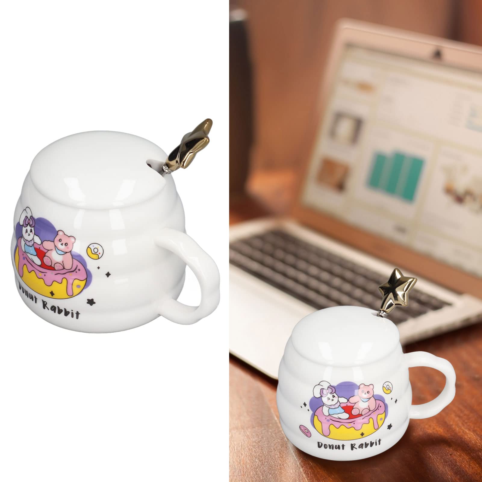 RANNYY Ceramic Coffee Cup,450ml Ceramic Coffee Cup Cute Tea Mug with Lid Spoon for Office Home Holiday Gifts(Donut) - Image 2