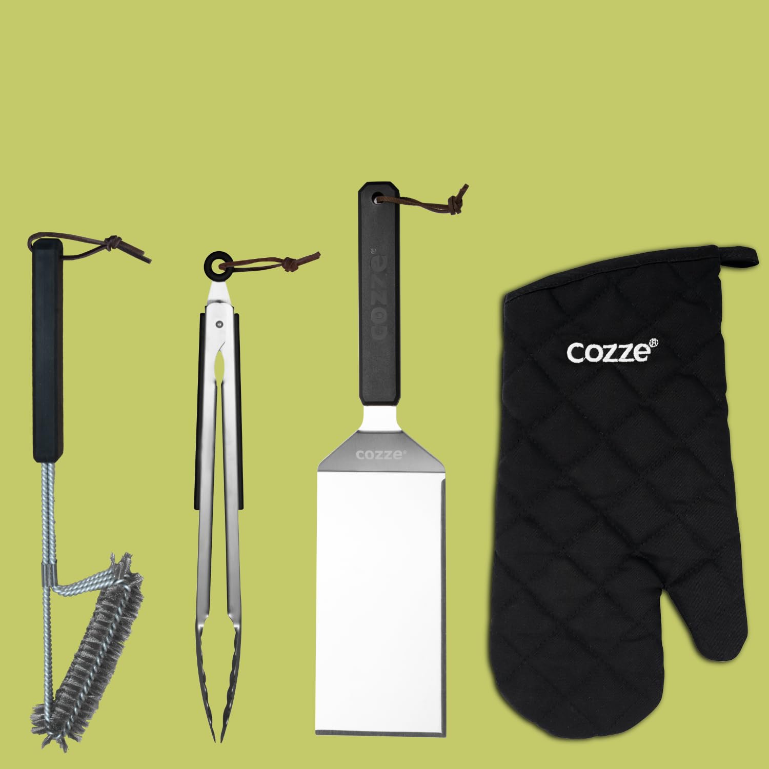 Cozze® Set di posate per barbecue, 4 pezzi, in acciaio inox, con pinza, paletta, spazzola per barbecue e guanto da barbecue, regalo di alta qualità per uomini e appassionati di barbecue, ideale per