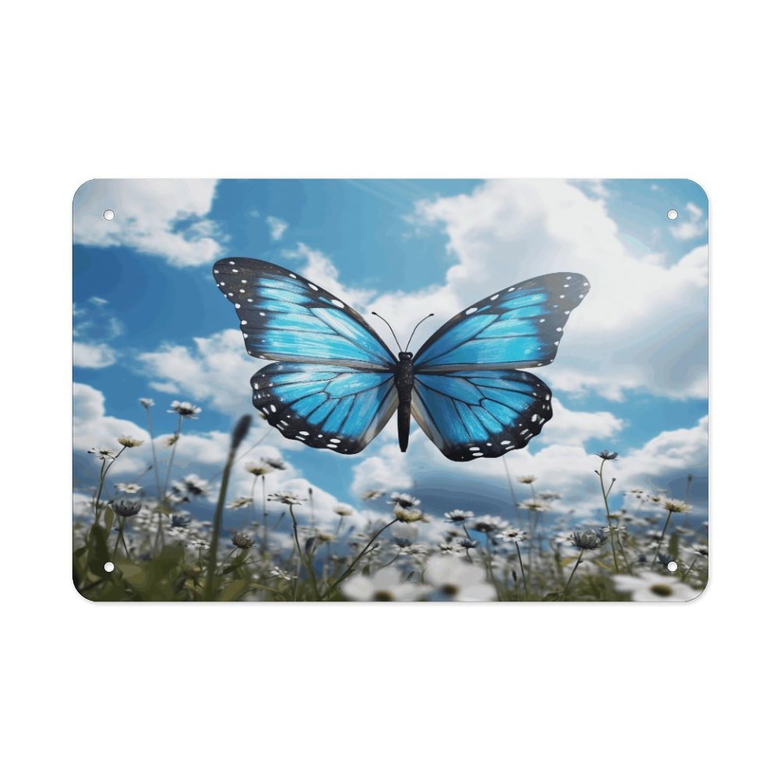Blue Butterfly And Clouds Metal Tin Sign 12"x8" Wall Art Prints Poster Decorative Picture Metal Signboard Decor Painting Folded Edge Iron Sheet Painting with Holes for Wall Decor