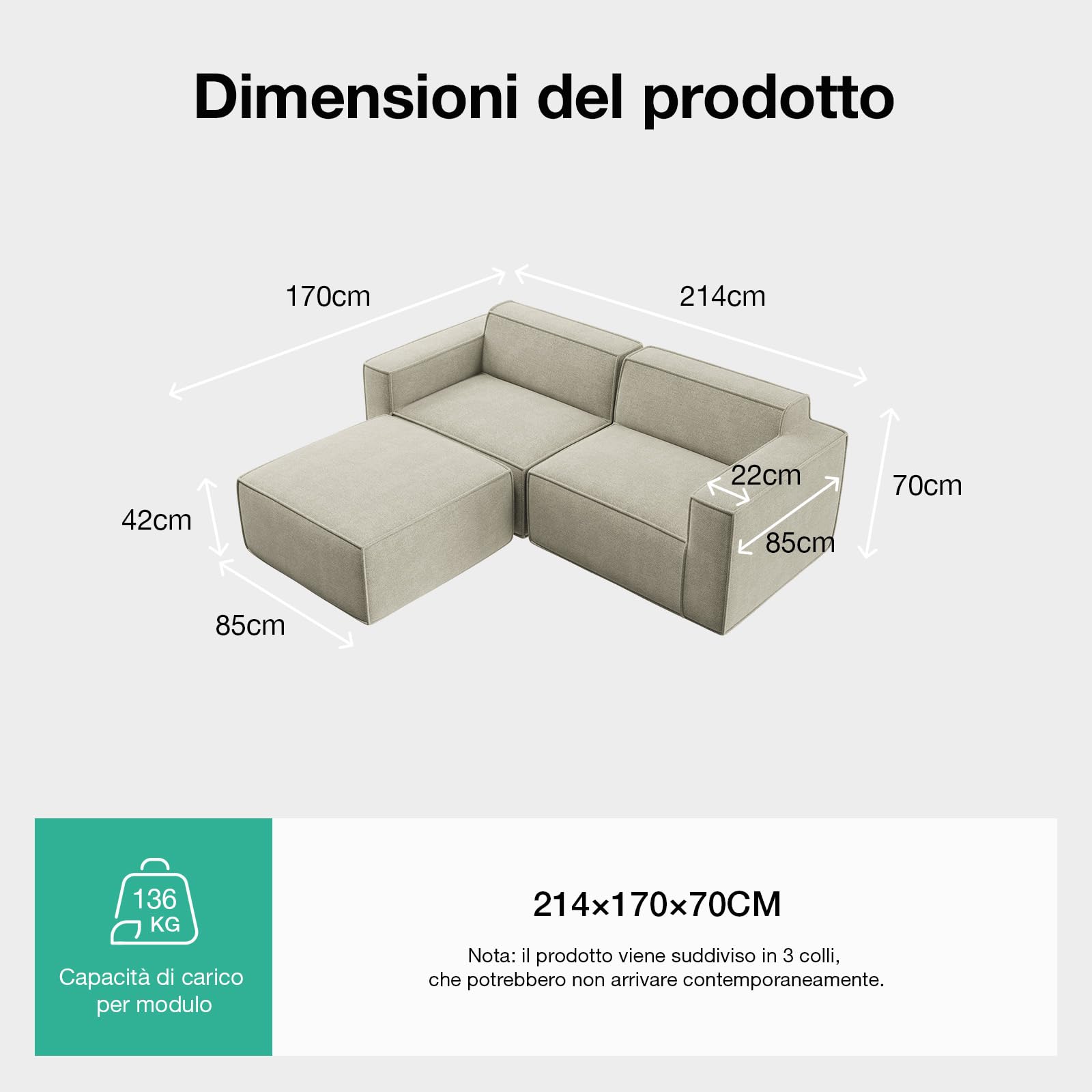 Novilla 214 cm Divano Angolare 3 Posti Convertibile Modulare in Chenille