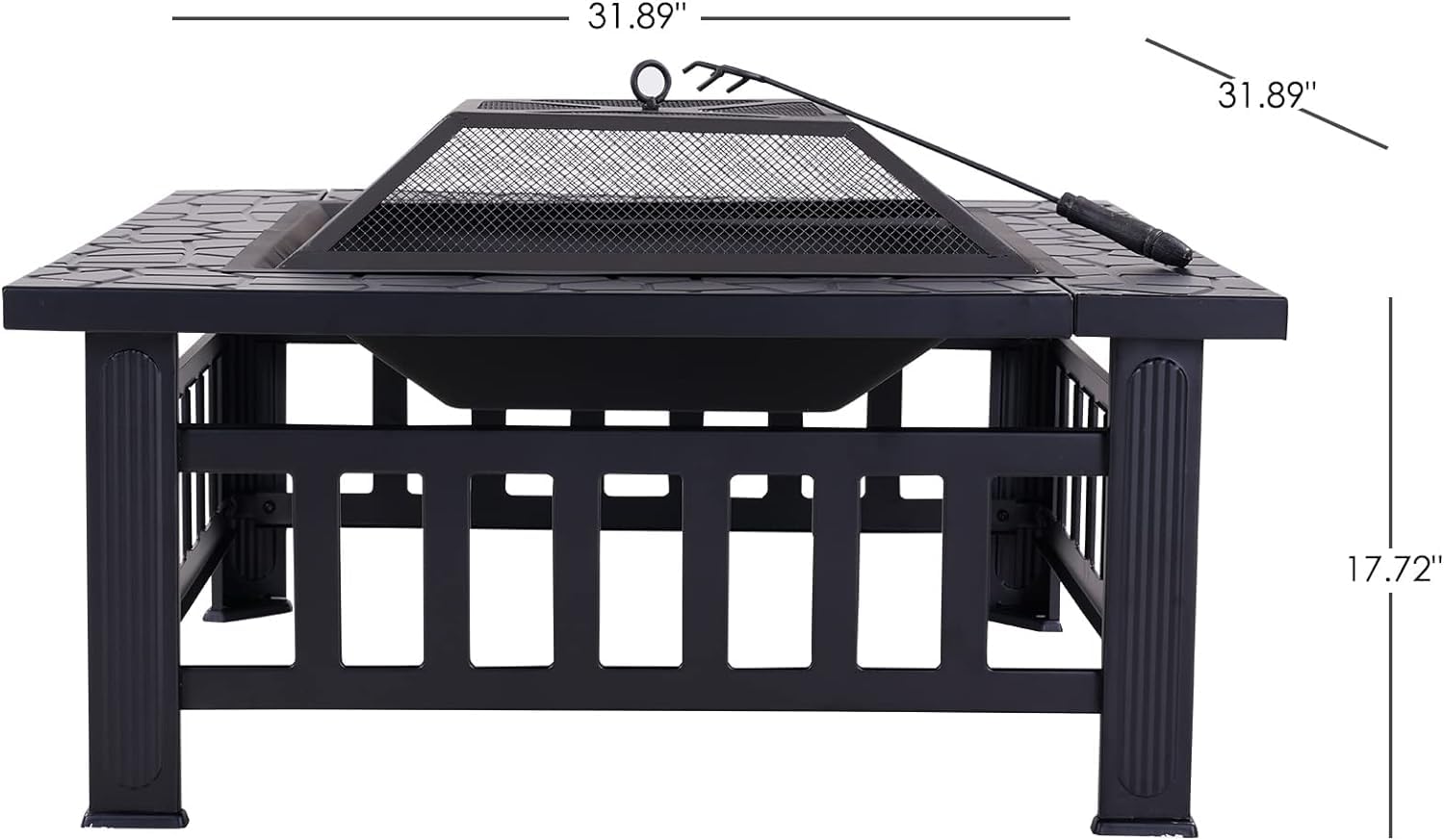 Braciere in metallo da 81 cm, quadrato, a legna, con attizzatoio in acciaio e copertura per esterni, patio, giardino, cortile, campeggio, riscaldamento