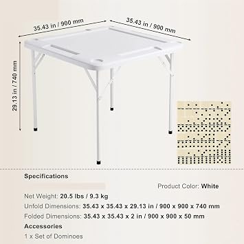 Folding Mahjong Table Mahjong Table 4 Player Folding with Wear-Resistant Green Tabletop Portable Square Card Chip Trays(White)
