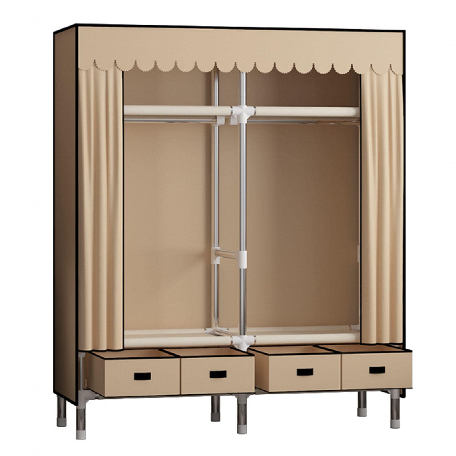 Armario portátil de lona marrón con estantes y barra para colgar ropa en dormitorio 140x45x168cm