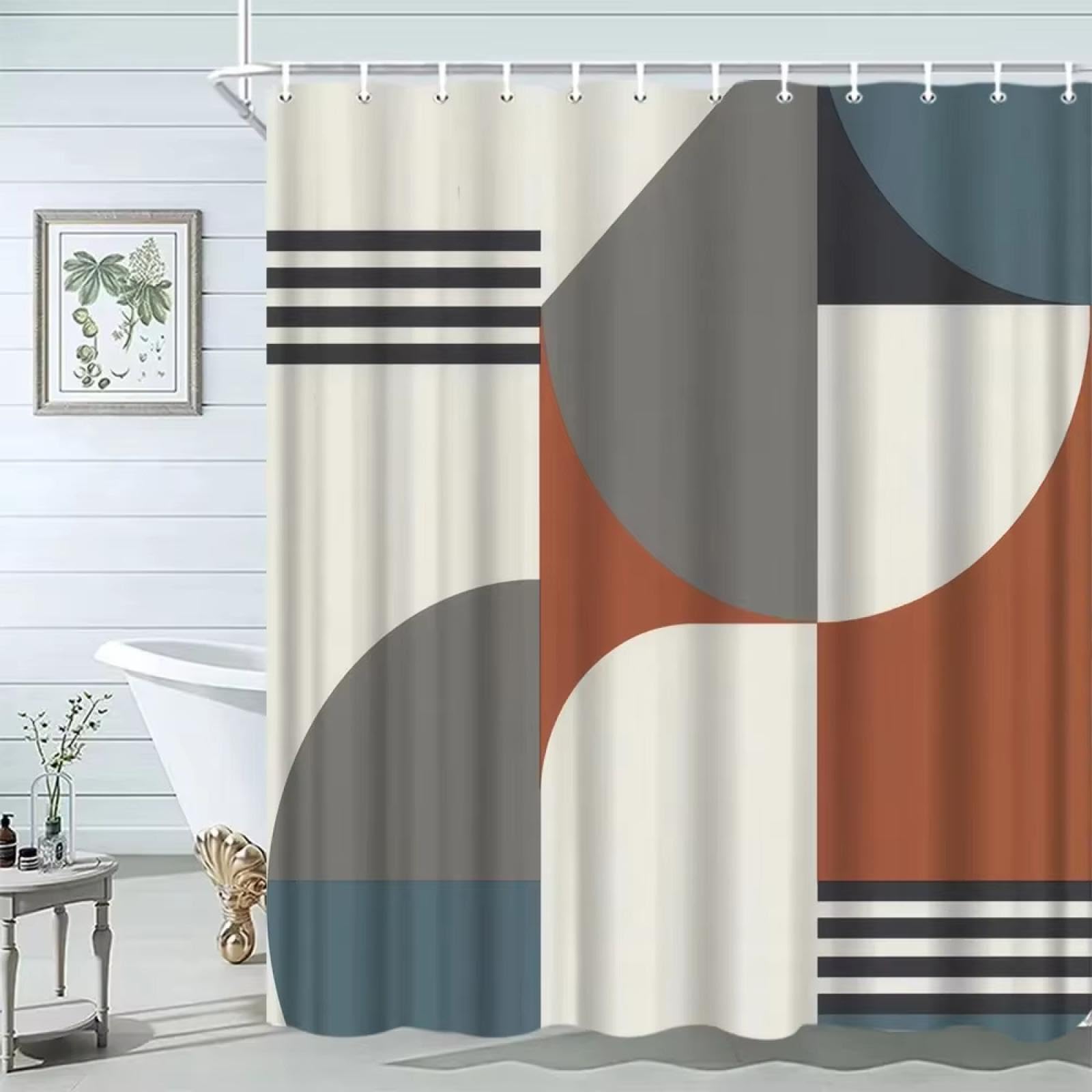 Rideau de douche milieu du siècle abstrait gris et beige pour salle de bain moderne