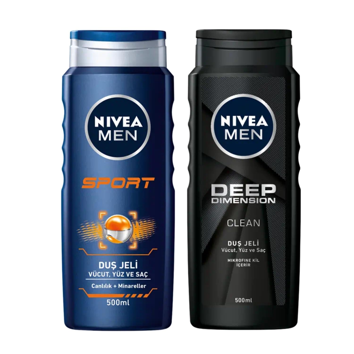NIVEA Men Deep Dimension Duş Jeli 500 ml, 3'ü 1 Arada Komple Bakım, Vücut, Saç ve Yüz için, Çekici Koku X2 + NIVEA Men Sports Duş Jeli, 500 ml, 3ü 1 Arada Kullanım, Vücut, Yüz ve Saç, 24 Saat Ferahlık