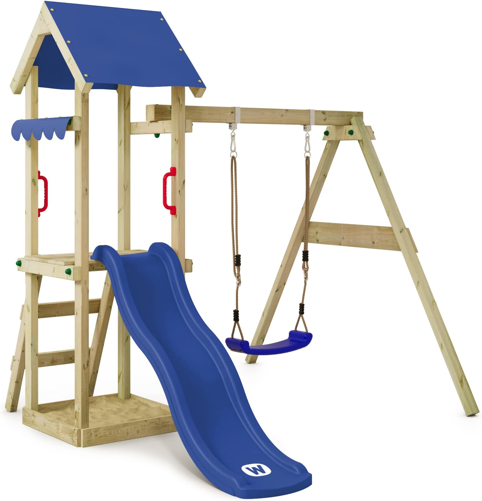 WICKEY Wooden climbing frame TinyWave with swing and blue slide, Outdoor kids playhouse with sandpit, climbing ladder & play-accessories for the garden