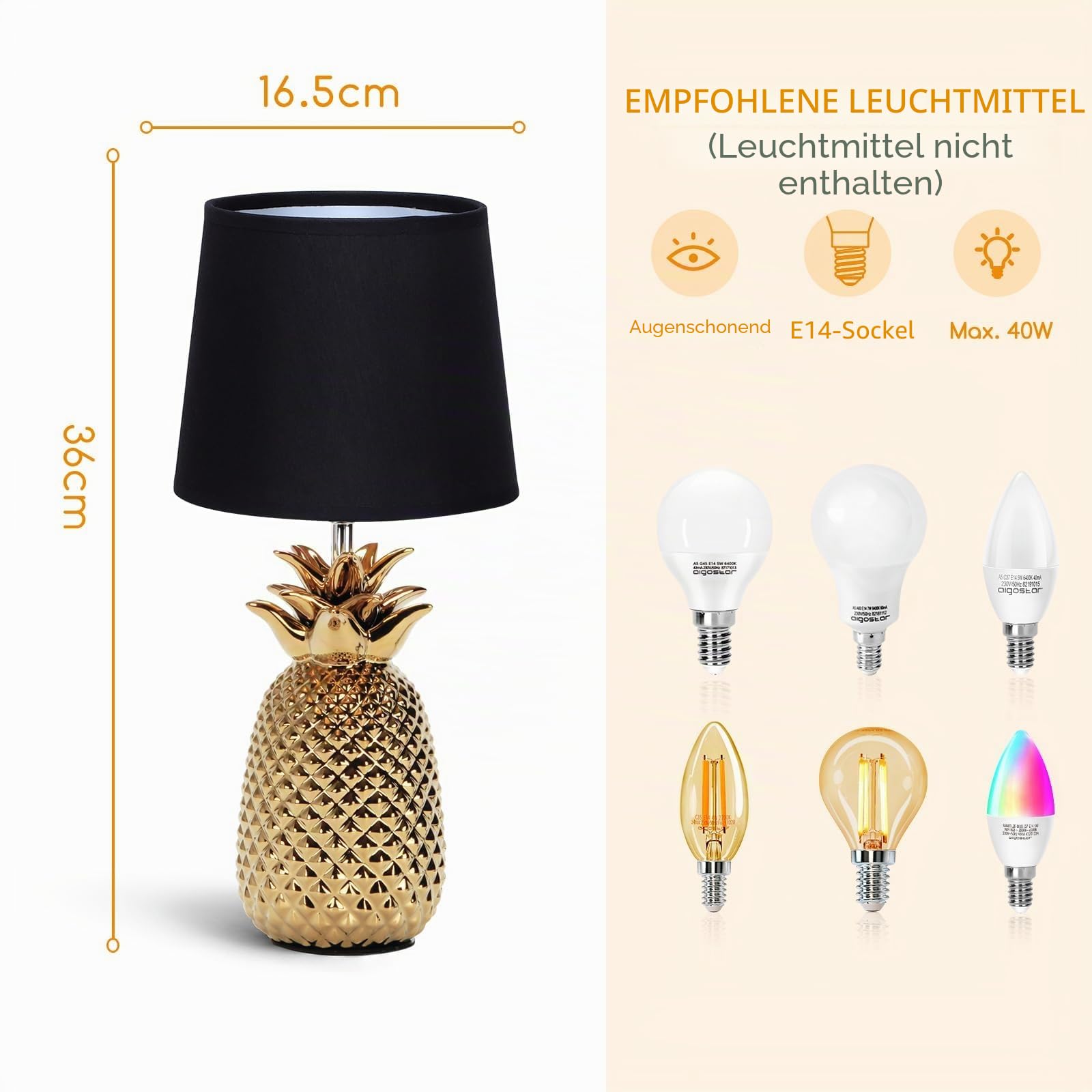 Aigostar Nachttischlampe, Tischlampe Keramik Tischleuchte Lampe für Nachttisch Beistelltisch Dekolampe Nachttischlampe Stoffschirm Gold Modern E14 H36cm