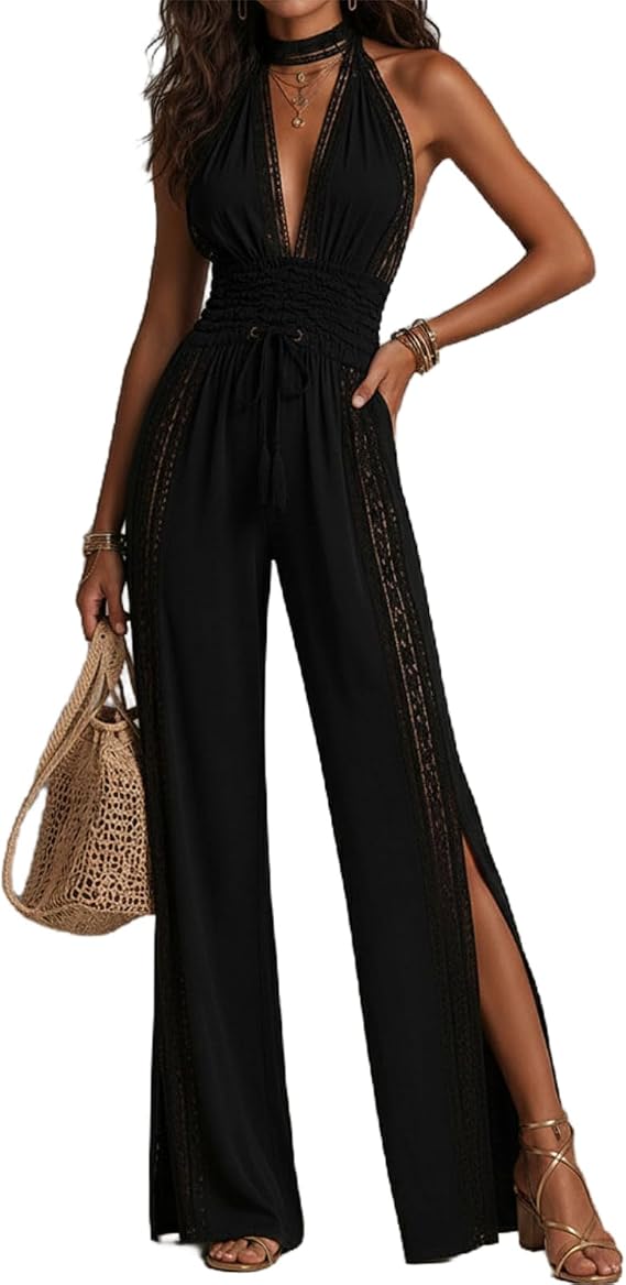 Pretty Garden Women's Dressy Jumpsuit with Halter Lace Top & Wide Leg Pants