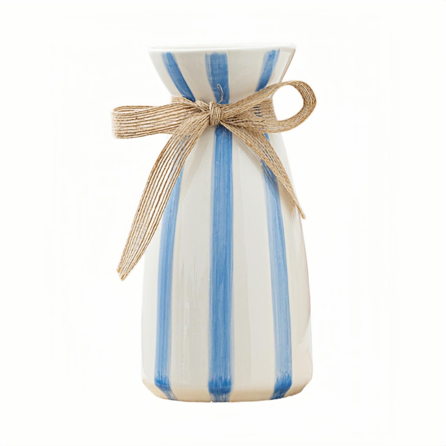 Striped Ceramic Flower Vase Farmhouse Decorative Flower Vase Vertical Stripe Ceramic Vases with Jute Bow for Pampas Grass, Fresh Flowers, Dried Flowers, Light Blue