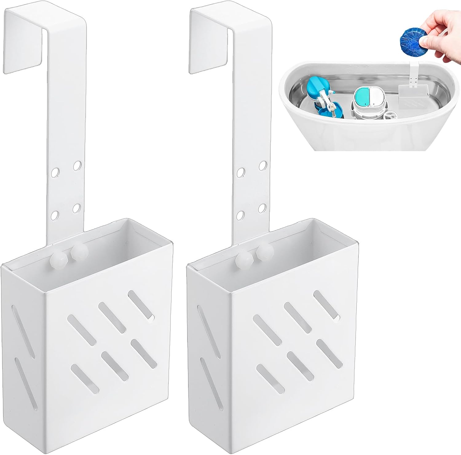 2Pack White Toilet Bowl Tablet Holder Toilet Cleaner Holders, Hanging Toilets Cleaner Caddy, Toilets Tank Cleaning Tablet Holders, Stainless Steel Tank Caddy with Adjustable Hook