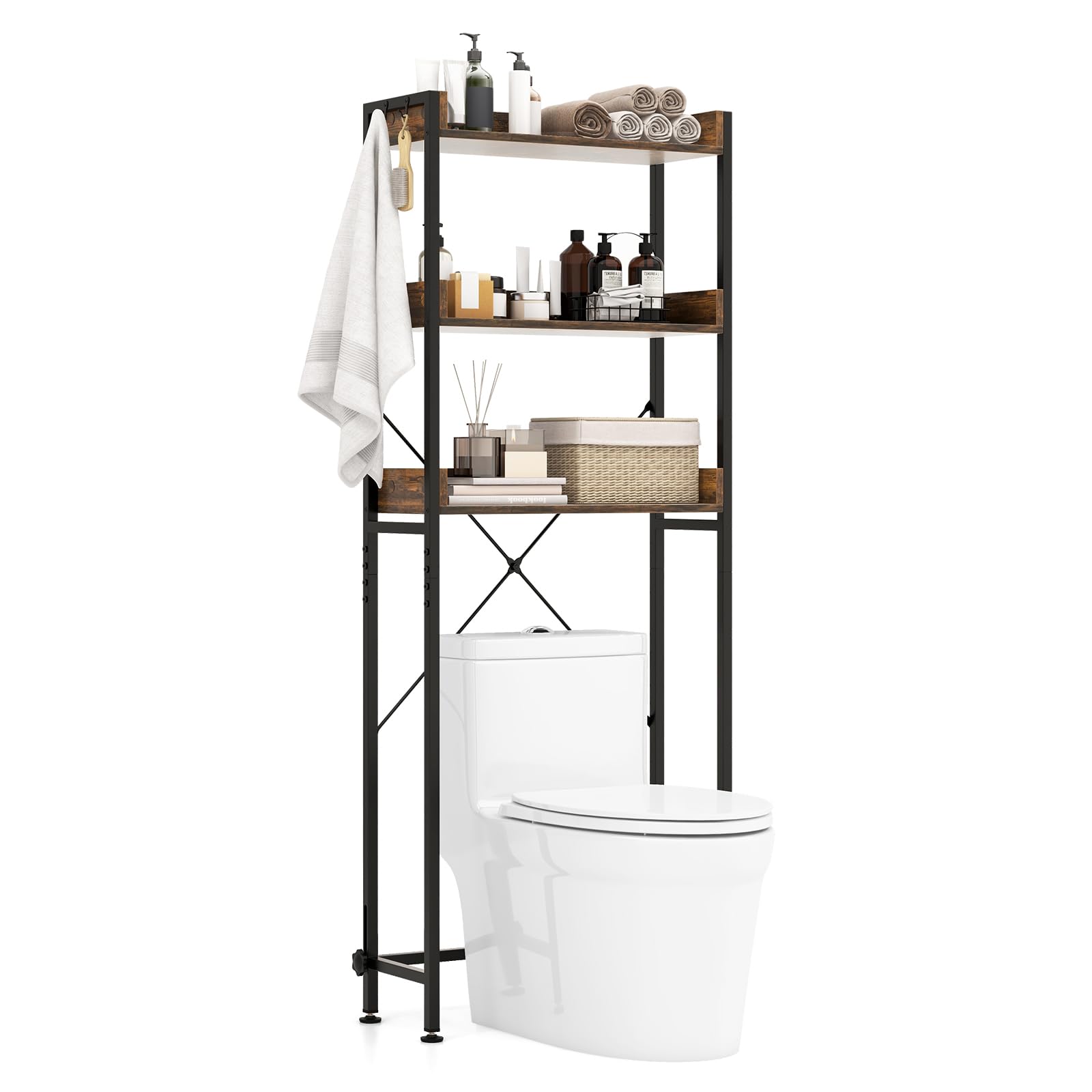 LIFEZEAL Mueble sobre indoro, Estante de 3 Niveles con 4 Ganchos, Mueble de almacenaje de baño, Estilo Industrial, Dispositivo antivuelco (Marrón)