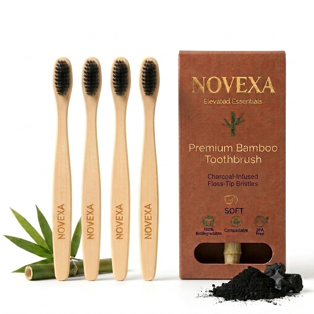 Bamboo Fibre Toothbrush S-Curve Charcoal Bristles Soft Medium Adults Eco-Friendly Biodegradable Handle Pack of 4 Sustainable Oral Care-image-33