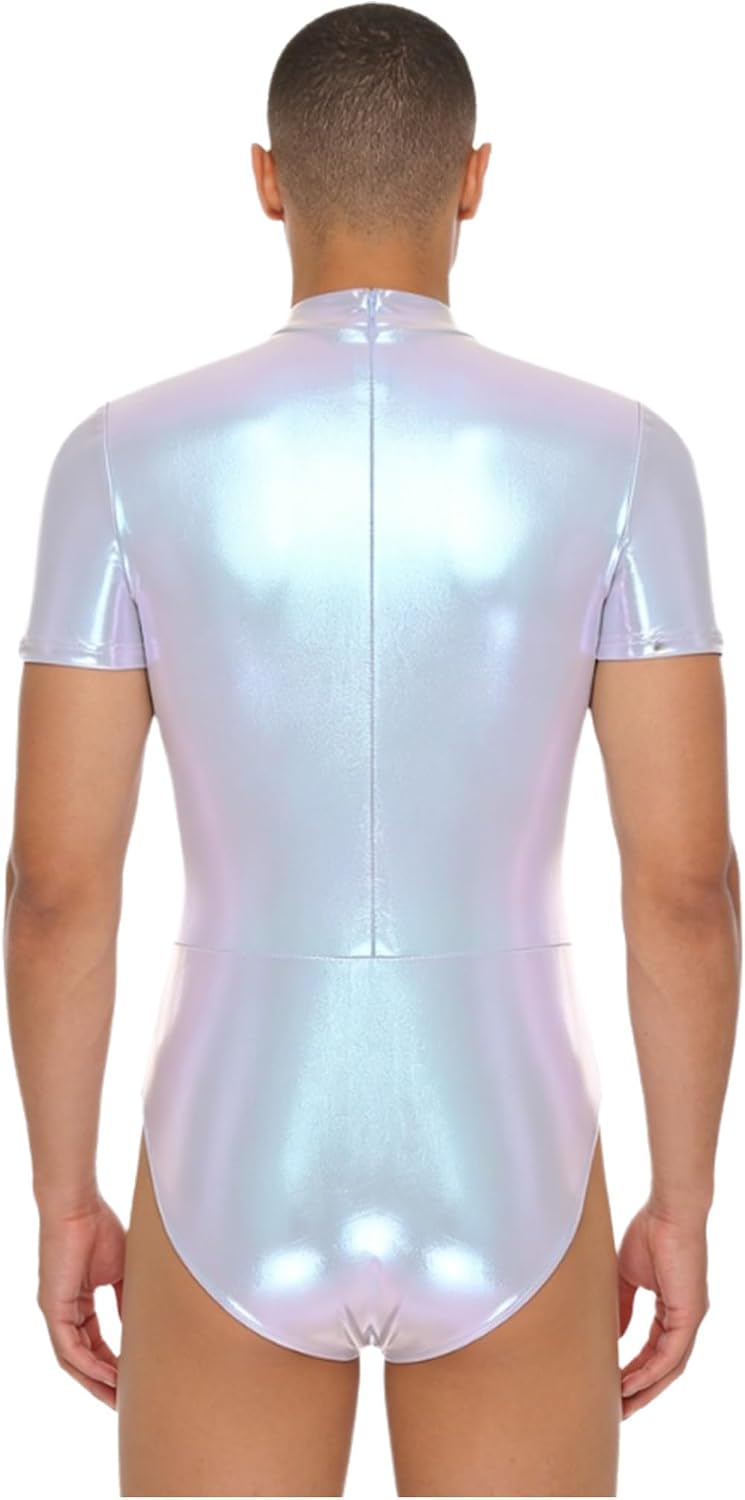 YiZYiF Mens Shiny Metallic Leotard Bodysuit Short Sleeve Mock Neck Bodycon for Nightclub Raves Party