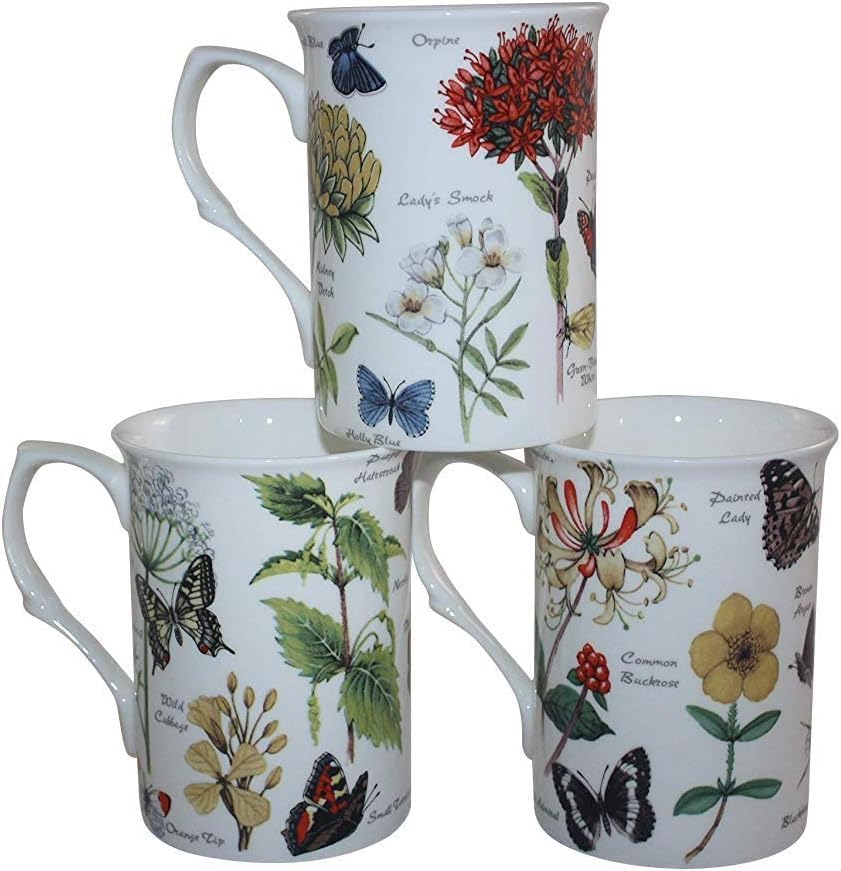 SET OF 6 FINE BONE CHINA WILDLIFE WOODLAND ANIMALS FLOWERS BUTTERFLY MUGS CUPS GIFT SET