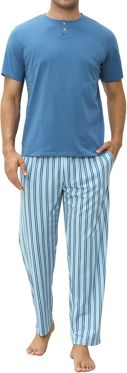Mens Pajamas Set Cotton Short Sleeve and Pants Men's Sleepwear Mens Pjs Sets Soft Casual Loungewear Set with Pockets