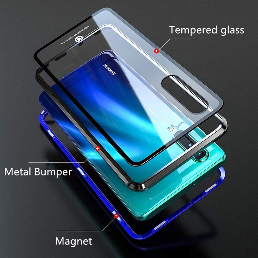 SIMao Custodia per Huawei P30 Cover 360 Gradi Full Body Custodia Protettiva Antiurto Flip Case Trasparente Vetro Temperato Custodia Metal Bumper con Adsorbimento Magnetica Copertura Case,Nero