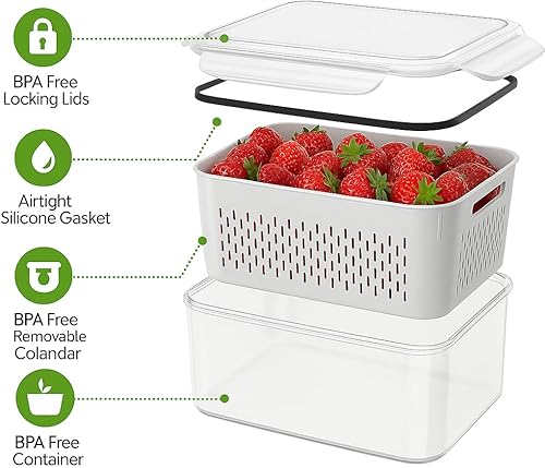 Miniatura 8 de Juego de 5 recipientes de almacenamiento de frutas para refrigerador con coladores, aptos para lavavajillas, a prueba de fugas, almacenamiento de
