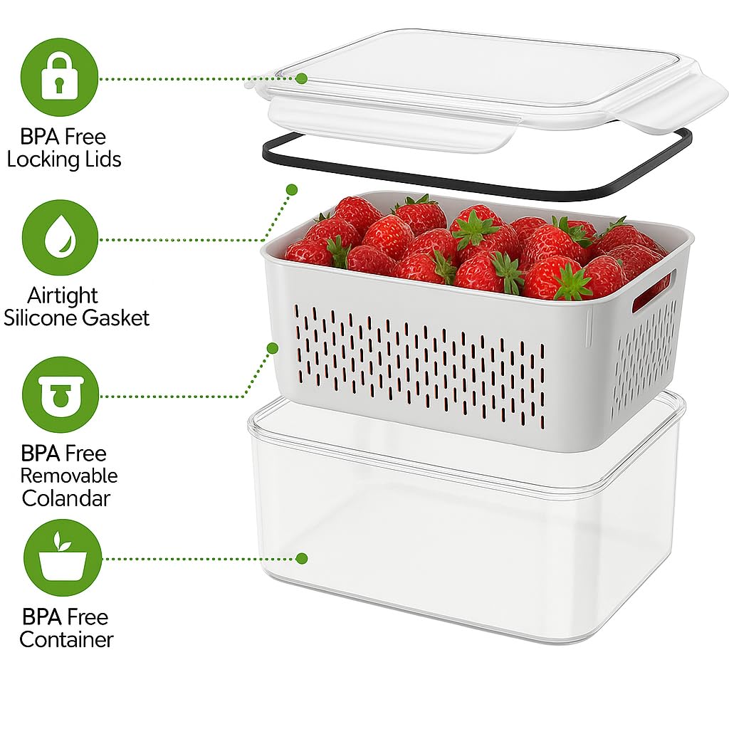 5 contenitori per frutta per frigorifero con scolapasta, lavabili in lavastoviglie, a prova di perdite, in plastica senza BPA, per conservare frutta e verdura fresca