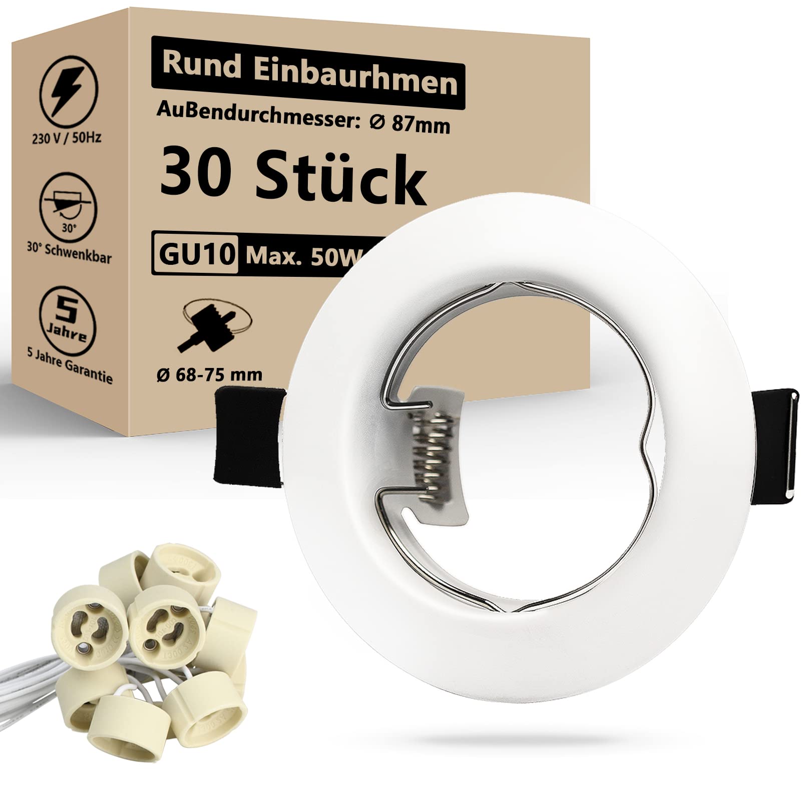 HiBay LED Einbaustrahler 230V Set GU10 Deckenspots Rund Weiß Einbauspot Rahmen 68mm Inkl. GU10 Fassung für LED oder Glühbirne 30er Set | Einbauspot Rahmen Inkl. GU10 Fassung für LED oder Glühbirne für Wohnzimmer Schlafzimmer Küche Flur Büro