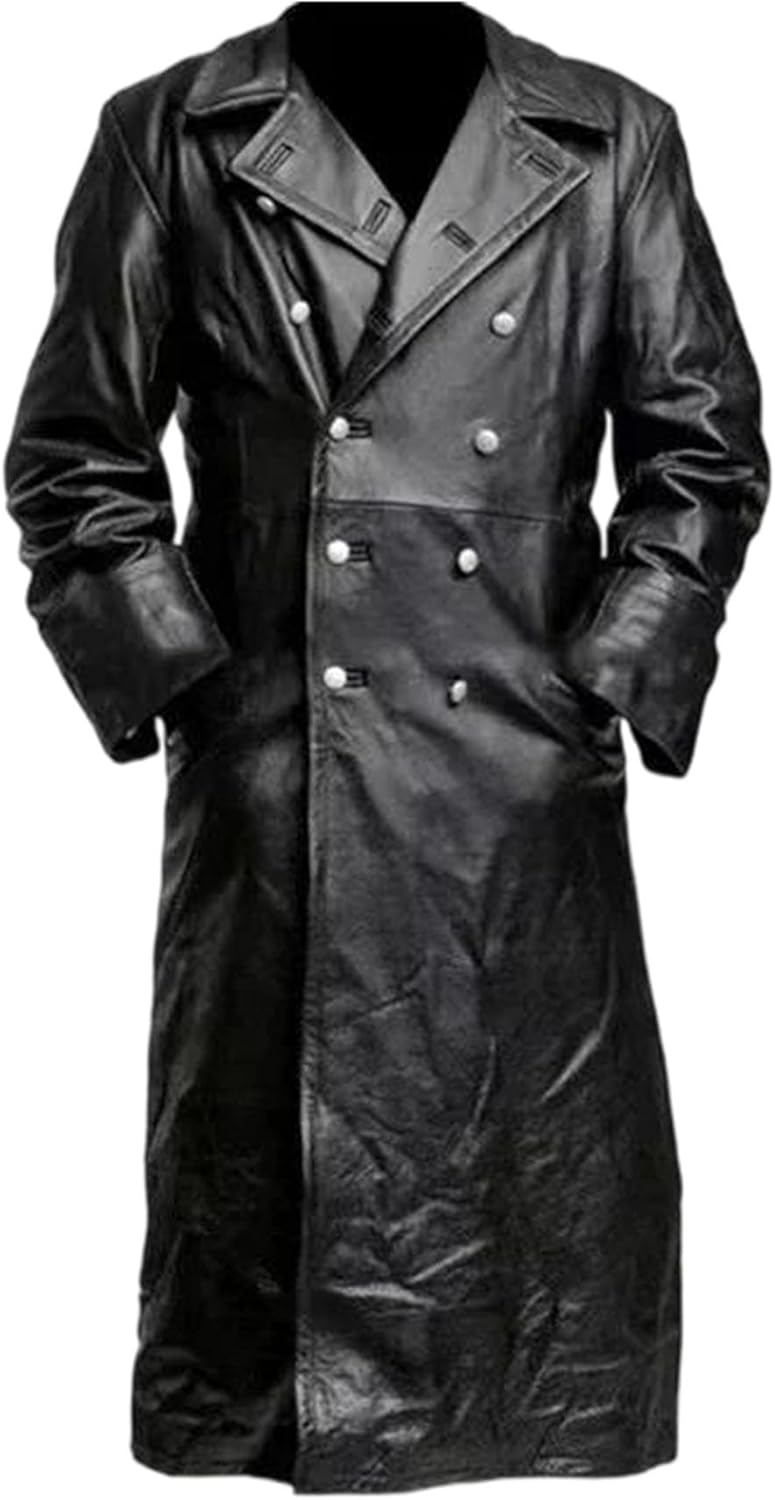 Men Long Leather Military Coat Officer Style Classic German Fashion Trench Outerwear