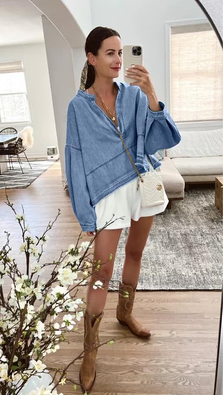 PLNOTME Womens Denim Tops Pullover Trendy Casual V Neck Loose Fit Puff Sleeve Jean Cotton Shirts4