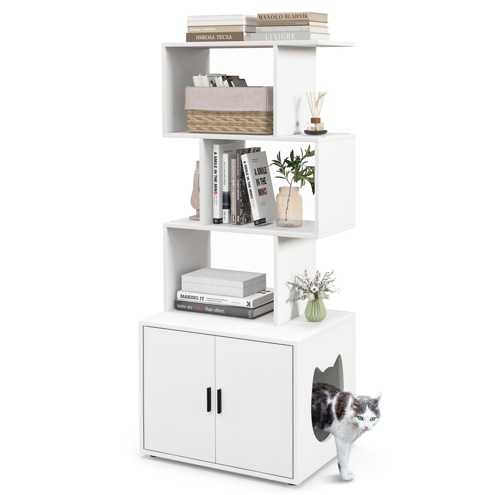 GYMAX Cat Litter Box Enclosure, 2-in-1 Hidden Kitty Washroom Furniture with 3-tier Shelves, Indoor Pet Furniture Wooden Cat Houses for Living Room Bedroom (White)