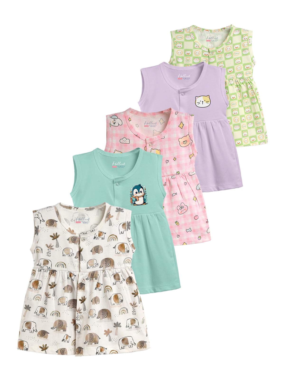 HELLCAT 100% Cotton Baby Frock Dress for Girls - Pack of 5, Soft & Trendy, Sleeveless