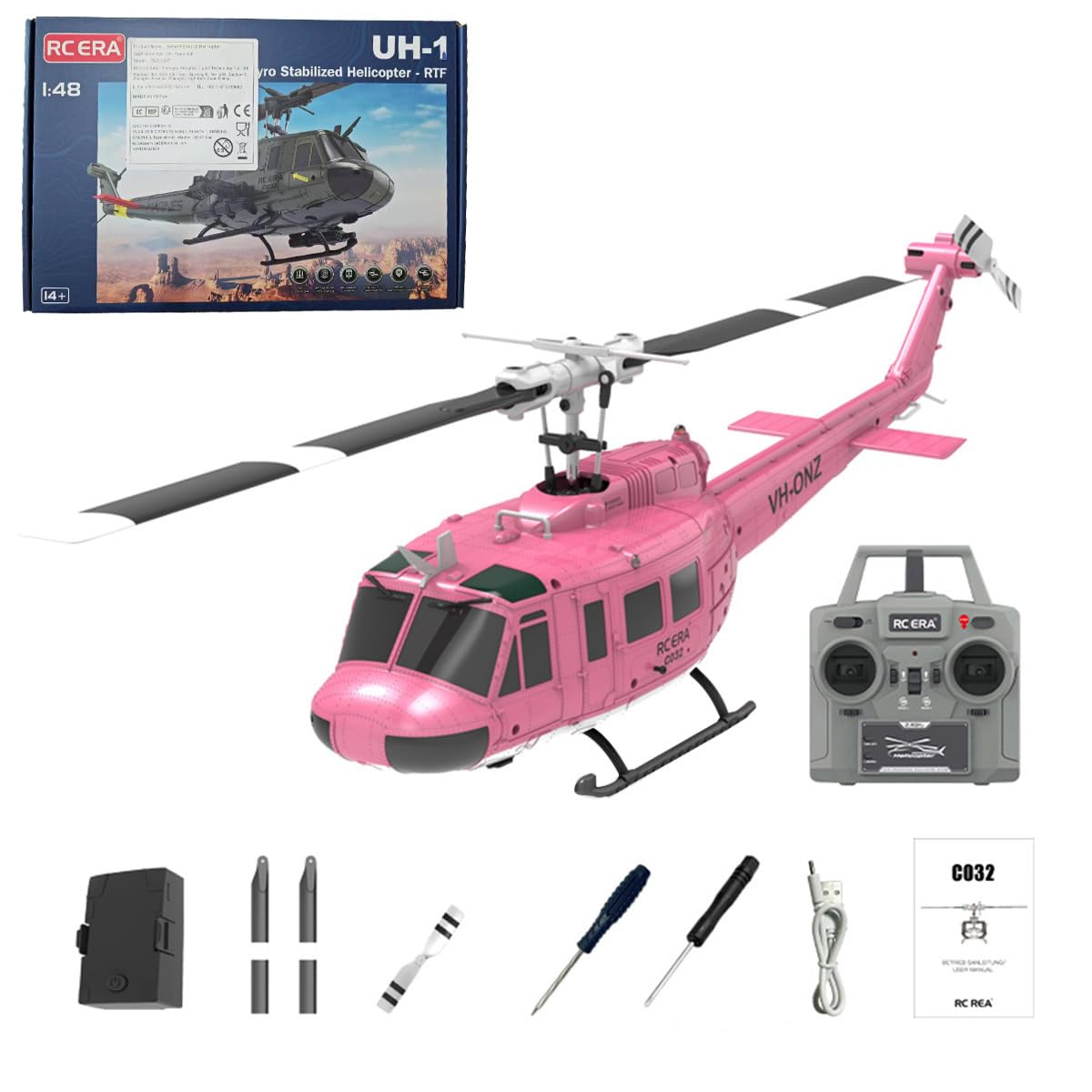 ExploTex C032 1/48 Scale UH-1 2.4G 6-Channel Tail-less RC Helicopter Model, Equipped With An Optical Flow Positioning System And Multiple Safety Features, For Stable Flight (RTF Version)