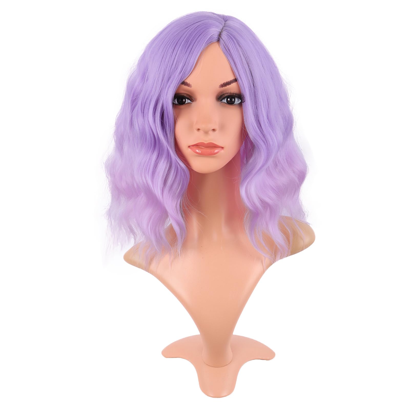 MapofBeauty Bob Wavy Short Curly Body Wave Cosplay Anime Synthetic Hair Party Wig (Light Purple to Pink)