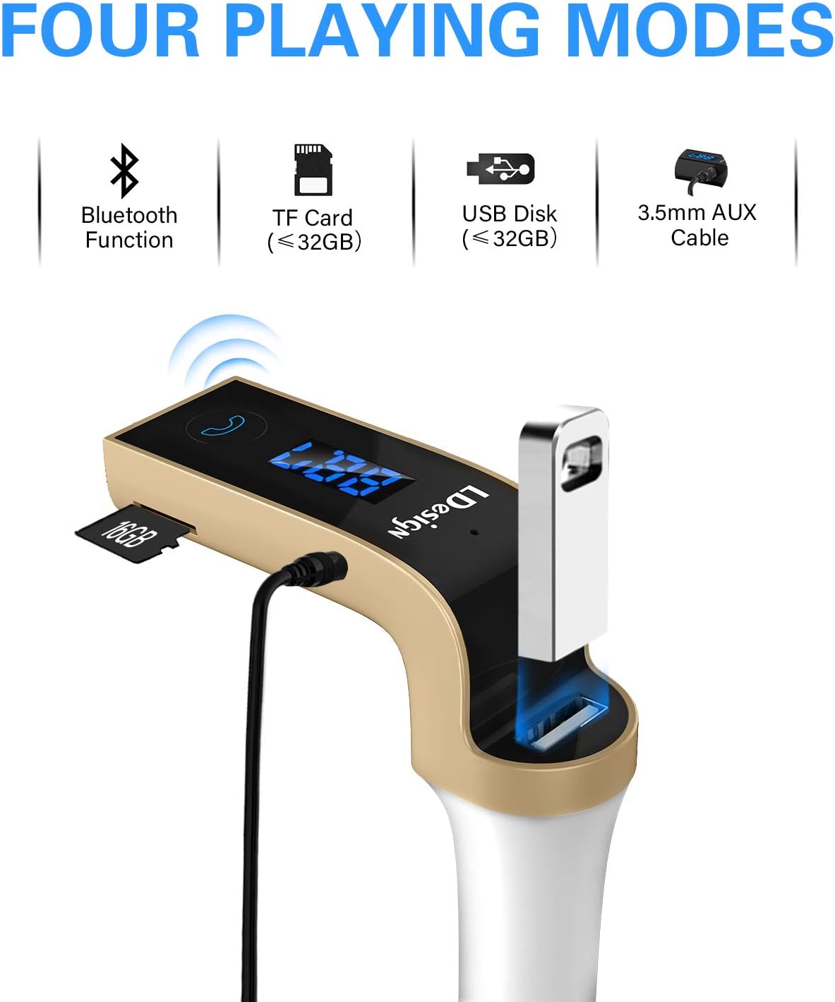 FM Transmitter, LDesign Bluetooth Wireless in-Car FM Radio Adapter Car Kit with Hand Free Call | Stereo 4 Modes Music Play | TF Card &U-Disk Reading Applicable for All Smart Phones -Gold