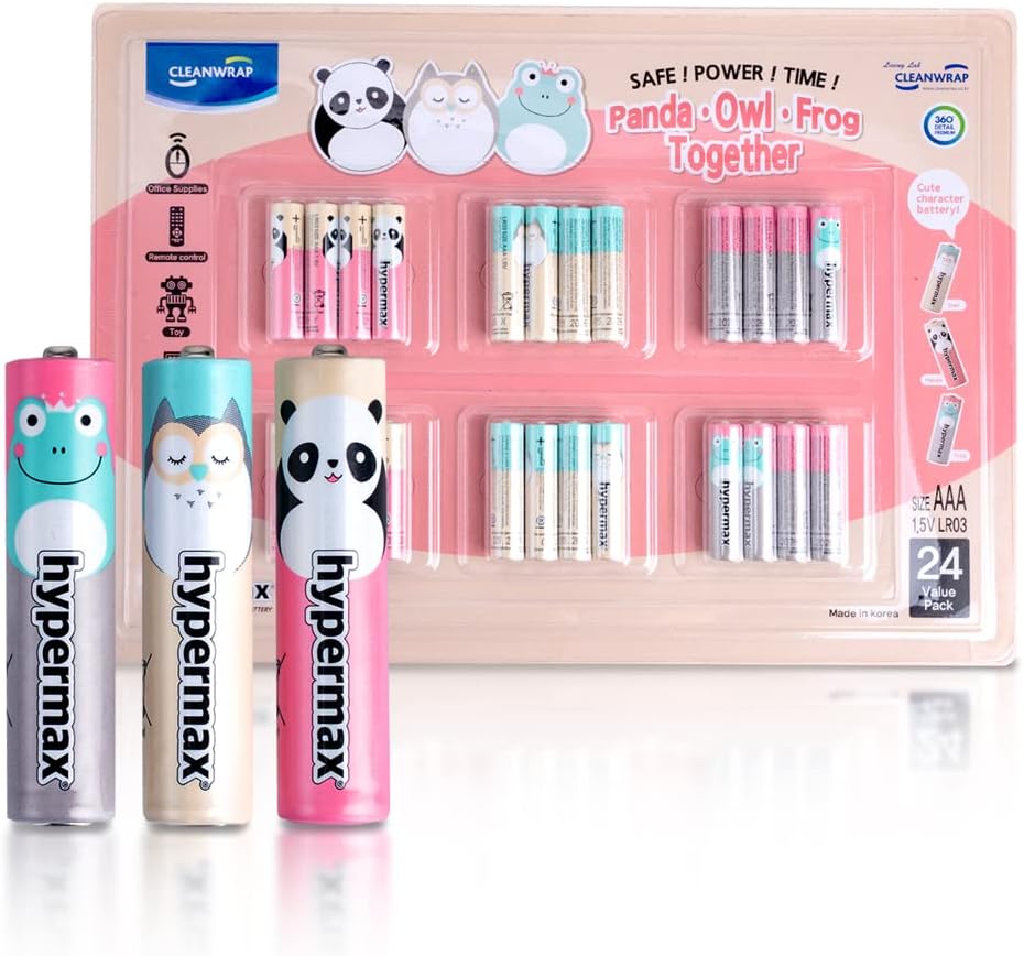 CLEANWRAP Hypermax Cute Character Long-Lasting All-Purpose High-Performance Alkaline AAA Batteries (1.5V - 24 Pack) | Cute AAA Batteries, Household Items Under 10 Dollars, AAA Battery Pack