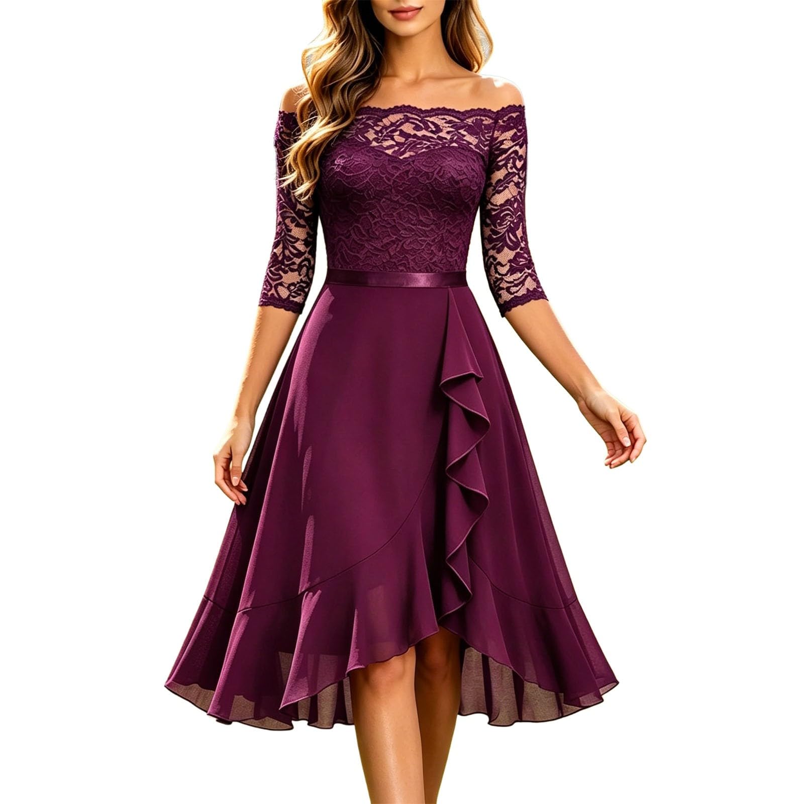 Vestido de cóctel para mujer, elegante, de encaje, con hombros descubiertos