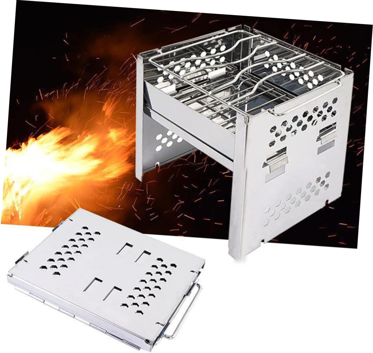 VICASKY 1Pc Outdoor Mini Collapsible Stainless Steel Burning Stove Portable Bbq Grill for Camping Hiking Picnics Durable Cookware Silver