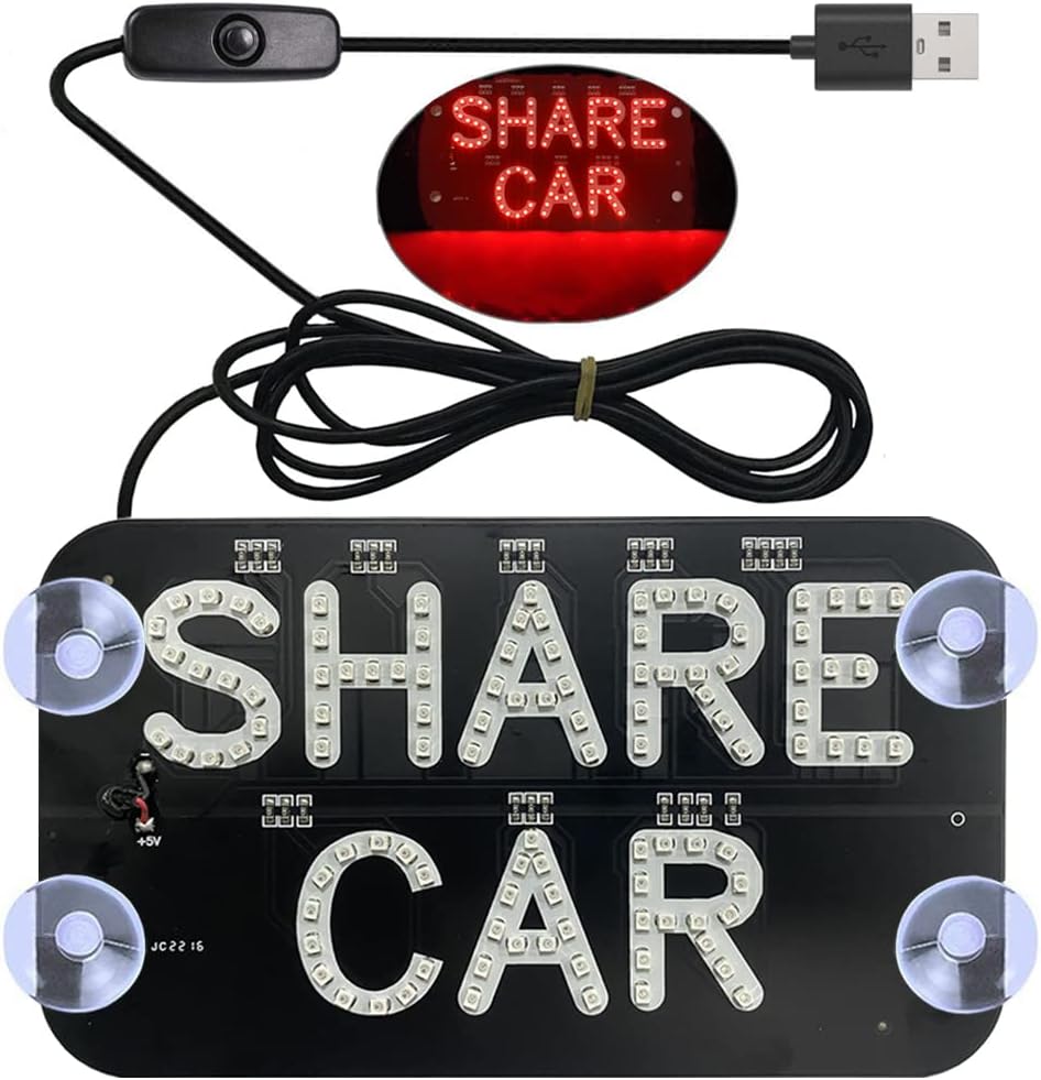 LED Car Sign Decor - Flashing Decal Stickers With Suction Cups for Window, USB Interface Light With Hook - Red