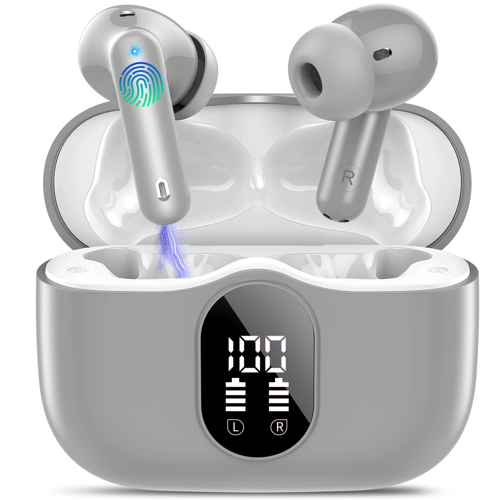 Wireless Earbuds, Bluetooth 5.4 Headphones Bass Stereo, Ear Buds with Noise Cancelling Mic, IP7 Waterproof in Ear Earphones, 36H LED Display Bluetooth Earbuds for Laptop Pad Phones Sports, Grey