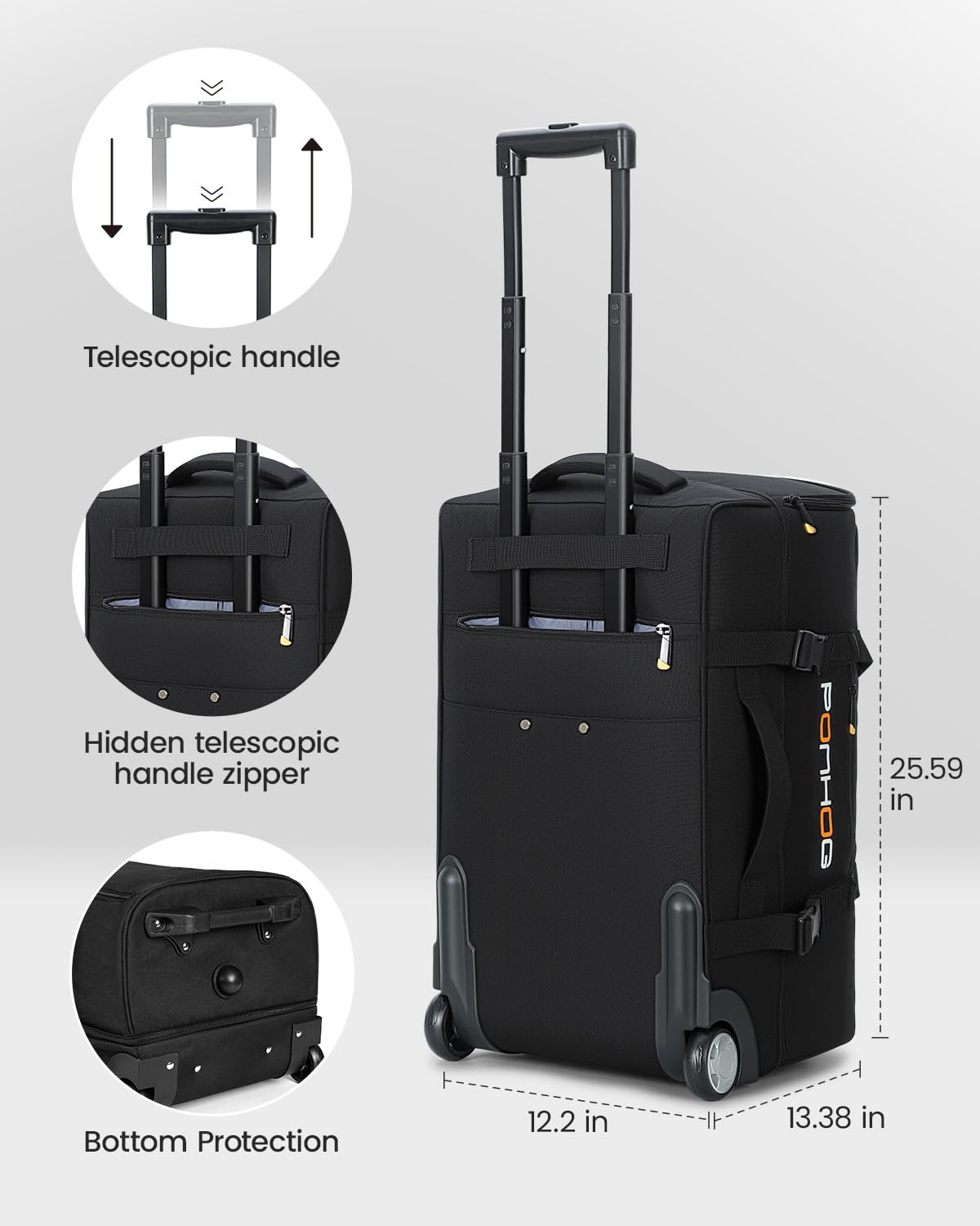 Ponhog Torba na Kółkach Duza, Torba Podróżna na Kółkach z wodoodpornego materiału, 65cm, Czarny