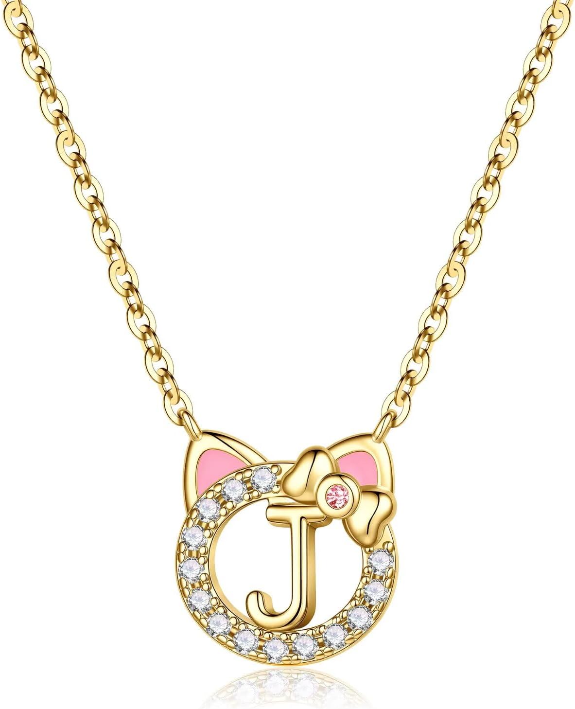 MONOOC Cat Necklace for Kids Girls - Dainty Pink Initial Necklaces 14K-Gold-Plated Letter Necklaces Cute Gifts for Teen Girls Gift for Cat Lovers Birthday Gift for Girl Kids Jewelry