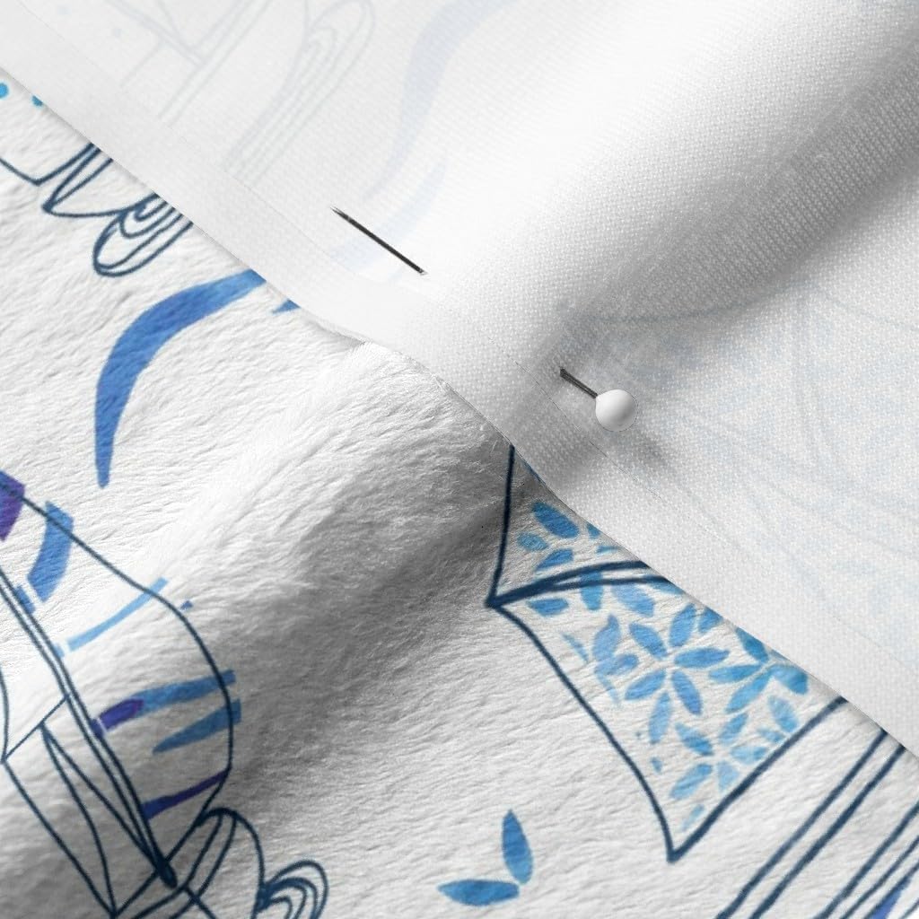 Spoonflower Fabric - Sailboat Chinoiserie Chinese Watercolor Nautical Boats Blue Beach Sea Printed on Minky Fabric by The Yard - Sewing Baby Blankets Quilt Backing Plush