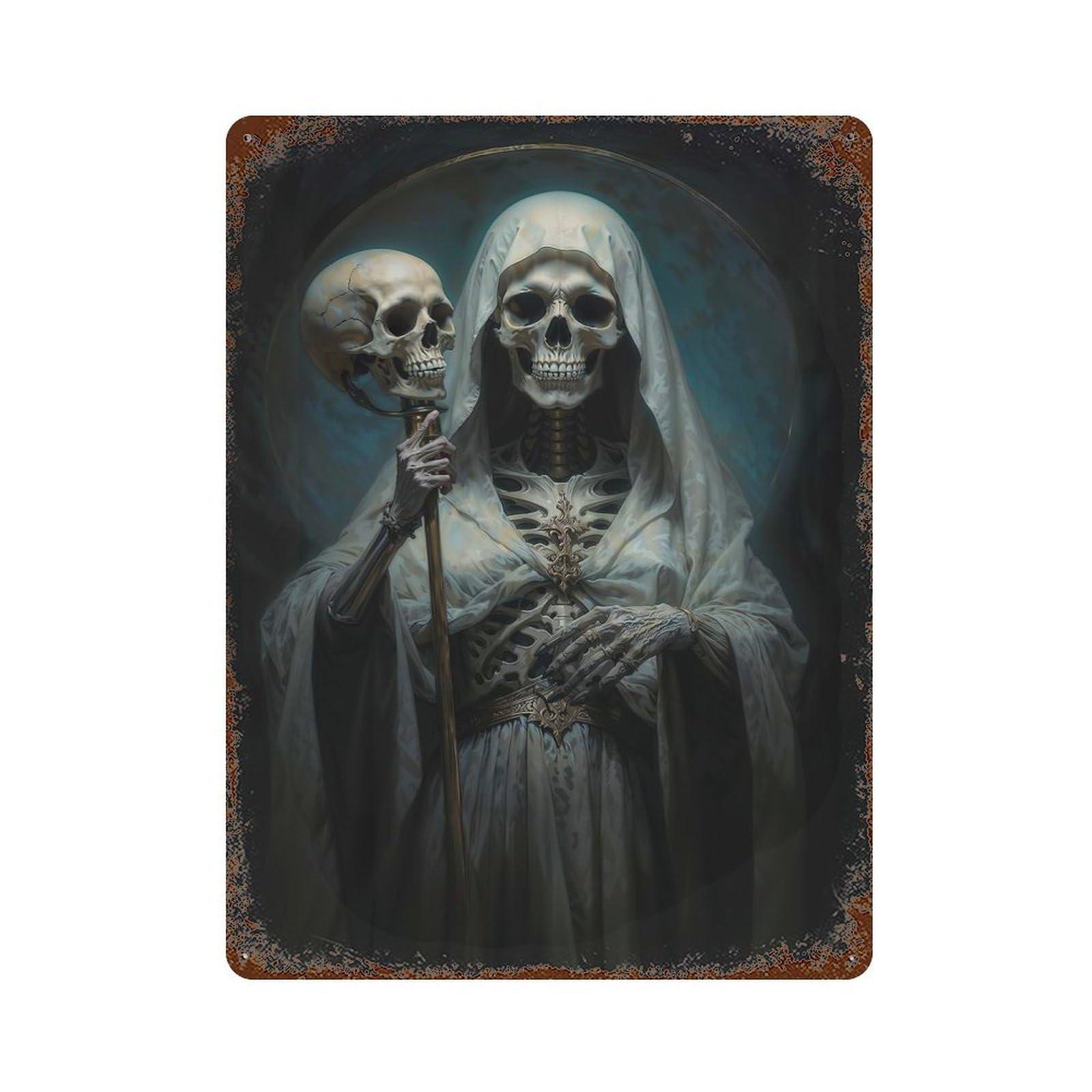 Santa Muerte in White Robe Rust Effect Tin Sign 15.7"x11.8", Ideal for Farmhouse, Kitchen And Entryway Decor